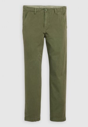 Olivgrüne Chinos aus Baumwolle mit glatter Textur, ausgestattet mit einem Knopfverschluss, Standardtaschen und geraden Beinen.