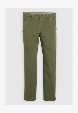 Musta rohelised chinos, mis on valmistatud puuvillast, millel on sile tekstuur, nuppude sulgemisega, tavaliste taskutega ja sirge lõikega jalad.