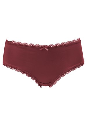 Burgundy hipster underwear with lace trim along the waistband, featuring a small satin bow detail at the center front. Smooth fabric texture.
