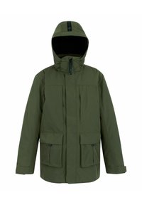 Olivengroene parka-jas met capuchon, voorzien van een rits aan de voorkant, twee grote klepzakken en verstelbare manchetten.