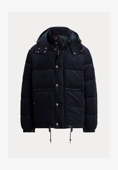 Navy corduroy puffer jacket with a lined hood, snap buttons, two front pockets, elastic cuffs, and drawstring hem for adjustable fit.