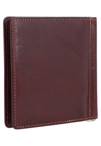 Portafoglio in pelle marrone con texture liscia, design bifold, cuciture visibili e un lieve motivo a grana. Forma sottile e compatta.