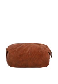 Brown leather cosmetic bag with a soft, textured finish and a zip closure. Round shape with a slightly flattened base for stability.