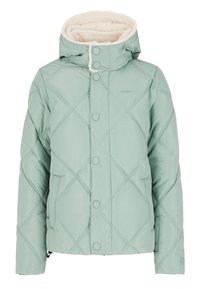 Mintgrüner, gesteppten Pufferjacke mit einem Reißverschluss vorne, großer Kapuze und Fleece-Futter. Verfügt über rautenförmige Nähte und Druckknöpfe.