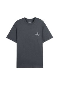 T-shirt en coton gris à manches courtes et col rond. Présente un logo de marque blanc sur le côté gauche de la poitrine.