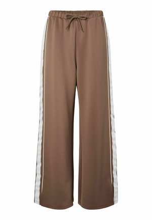 Pantalon marron à jambes larges avec taille élastique, cordon de serrage, et bandes blanches sur les côtés s'étendant de la taille à l'ourlet.