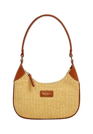 Majhna pletena torbica iz slame s svetlo rjavim usnjenim robom, z zapiranjem na zadrgo in enim trakom.