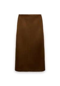 Brauner, knielanger A-Linien-Rock aus weichem Stoff mit glatter Textur, mit einfachem, rechteckigem Design und minimalen Nahtdetails.