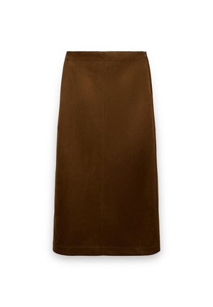 Brauner, knielanger A-Linien-Rock aus weichem Stoff mit glatter Textur, mit einfachem, rechteckigem Design und minimalen Nahtdetails.