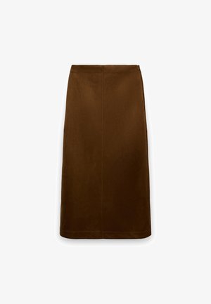 Brauner, knielanger A-Linien-Rock aus weichem Stoff mit glatter Textur, mit einfachem, rechteckigem Design und minimalen Nahtdetails.