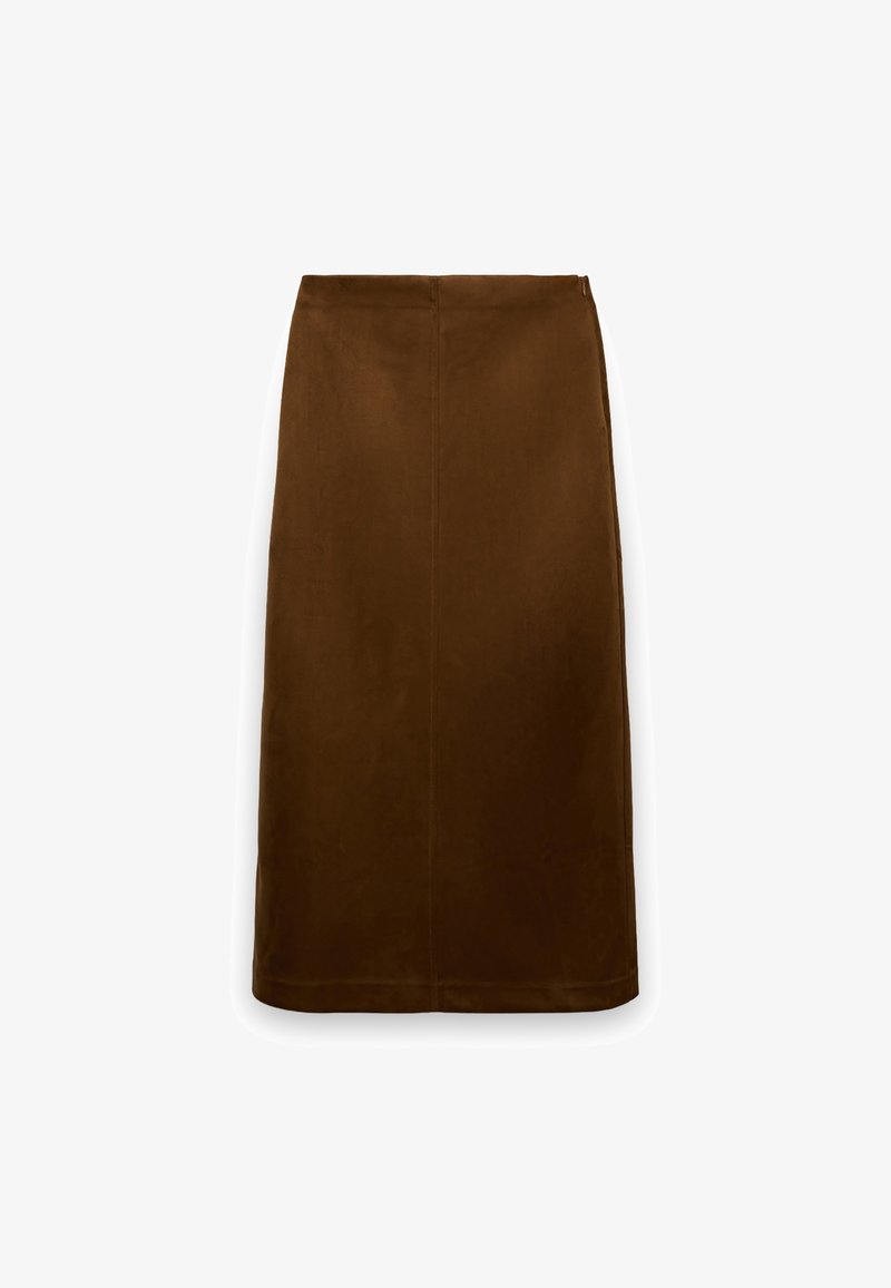 Brauner, knielanger A-Linien-Rock aus weichem Stoff mit glatter Textur, mit einfachem, rechteckigem Design und minimalen Nahtdetails.