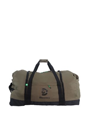 Large olive green duffel bag with black accents, sturdy black straps, and a prominent black logo. Features a zip closure and side pocket.