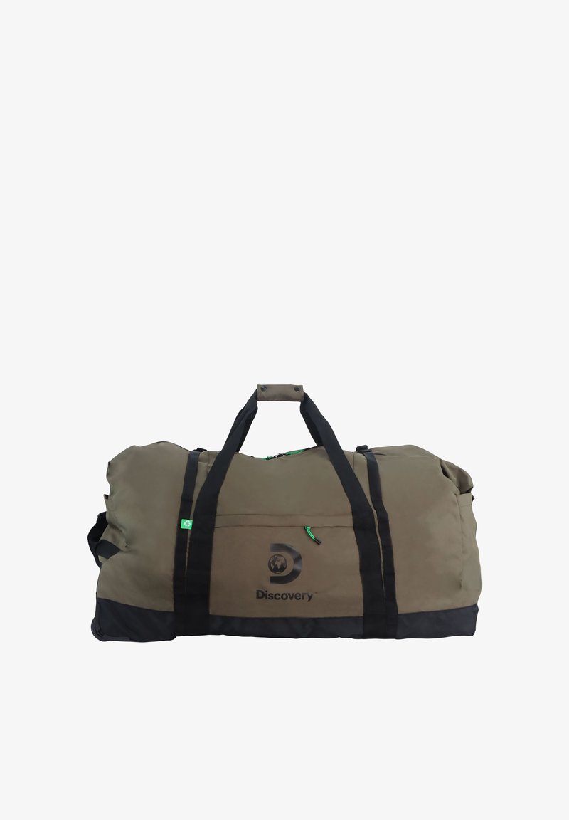 Large olive green duffel bag with black accents, sturdy black straps, and a prominent black logo. Features a zip closure and side pocket.