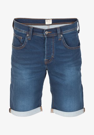 Dunkelblaue Jeansshorts mit aufgerollten Säumen, Fünf-Taschen-Design, kontrastierenden orangefarbenen Nähten und einem Knopf-Reißverschluss-Verschluss.