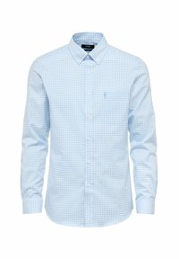 Jasnoniebieska koszula w kratę z długimi rękawami, z kołnierzykiem zapinanym na guziki i kieszonką na piersi. Wykonana z tkaniny o gładkiej fakturze.