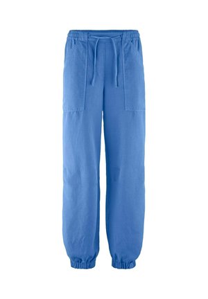 Blaue Freizeithose mit elastischem Bund, Kordelzug, großen Fronttaschen und elastischen Bündchen an den Knöcheln.