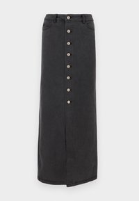 Long black denim skirt featuring a front button closure, belt loops, and side pockets. Smooth texture with a straight silhouette and slight slit.