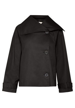 Black rain jacket with a wide collar, three large buttons, and long sleeves. Made of smooth, water-resistant fabric.