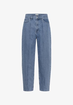 Hochtaillierte blaue Jeans aus Denim mit vorderer Nahtdetails, Knopf- und Reißverschluss, Gürtelschlaufen und Fronttaschen.