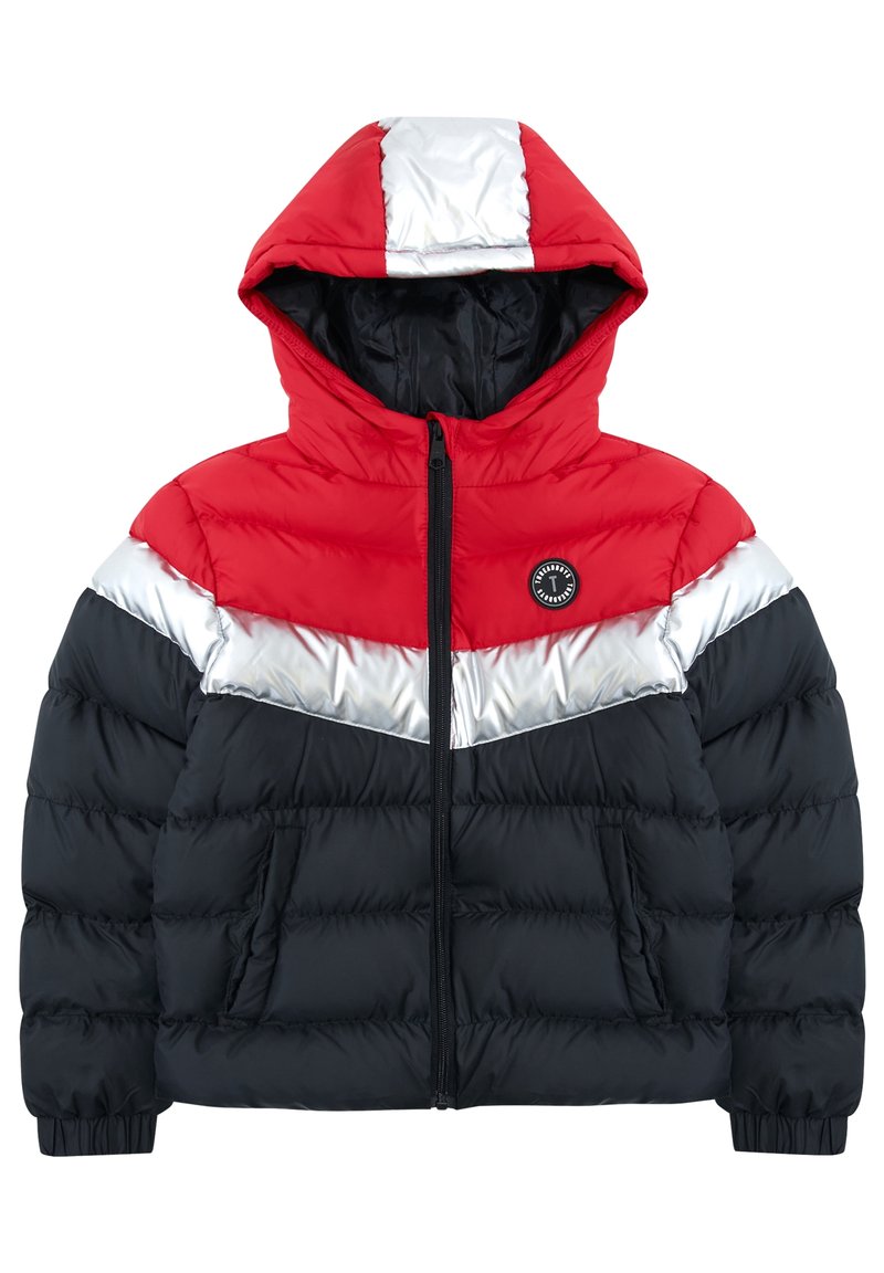 Doudoune à capuche avec des blocs de couleur horizontaux rouge, argent et noir, fermeture éclair à l'avant et poches latérales zippées.