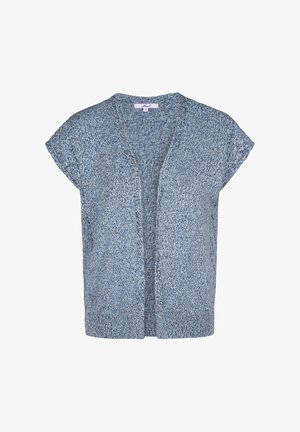 Kortarmige blauwe en witte gebreide cardigan met open voorkant en geribbelde zoom in een gemêleerd patroon.