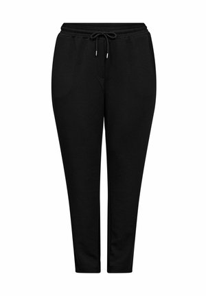 Pantalon de survêtement noir en tissu doux, avec une taille élastique à cordon de serrage, des jambes fuselées et des poches latérales.