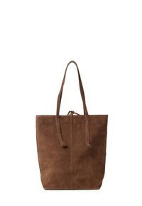 Borsa a tote in suede marrone con due manici lunghi, design semplice e chiusura centrale con cordoncino. Texture liscia e forma minimalista.