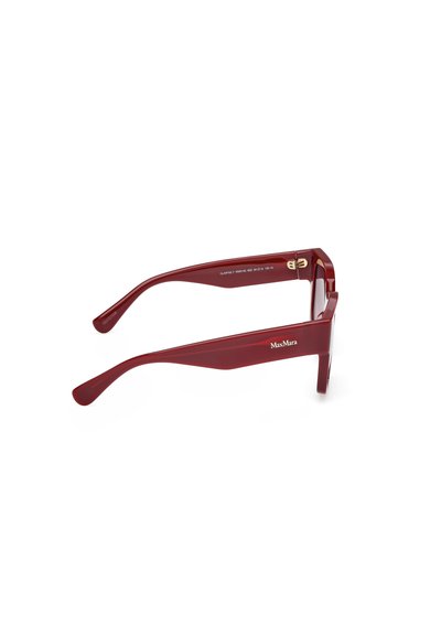 Rote Plastiksonnenbrille mit einem geometrischen F design. Verfügt über schlanke Bügel und goldene Akzente, einschließlich Logodetails an der Seite.
