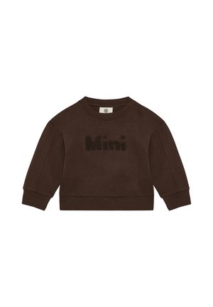 Brown long-sleeve toddler sweatshirt with ribbed cuffs and hem, featuring textured "Mini" text on the chest and snap buttons on the shoulder.