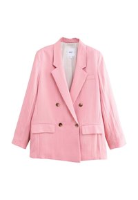 Dvouřadový růžový blazer s klopami, dvěma předními kapsami a knoflíky ve zlatém tónu, vyrobený z texturované látky.
