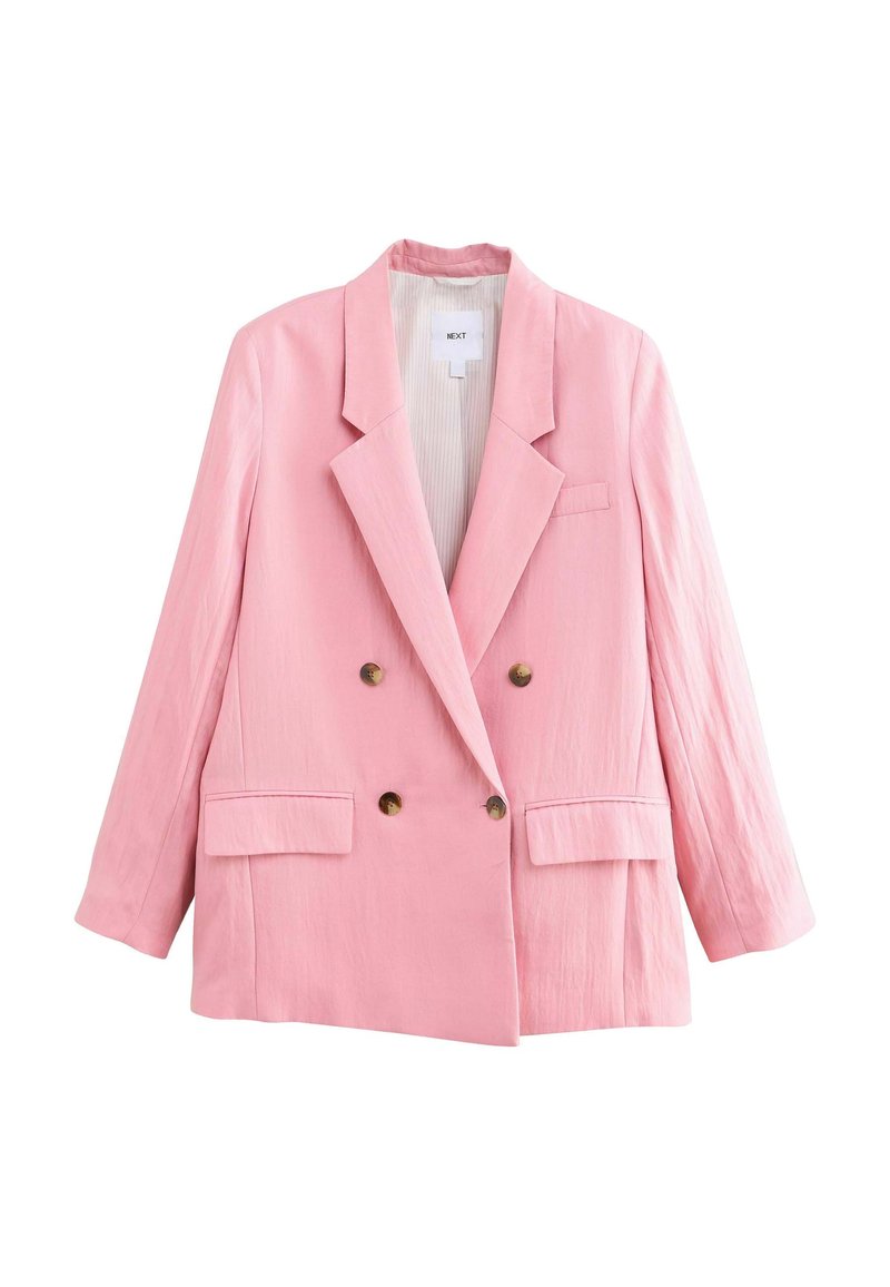 Dvouřadový růžový blazer s klopami, dvěma předními kapsami a knoflíky ve zlatém tónu, vyrobený z texturované látky.