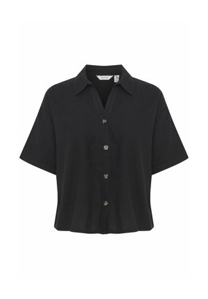 Juodas trumpomis rankovėmis marškinėliai, pagaminti iš lengvos medžiagos, su sagų užsegimu priekyje, sulankstytu apykakle ir subtiliomis siuvimo detalėmis.