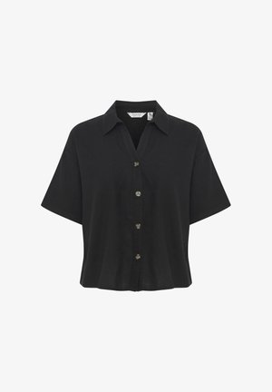 Zwarte shirt met korte mouwen van lichtgewicht stof, met een knoopsluiting aan de voorkant, een omgeslagen kraag en subtiele stiksels.