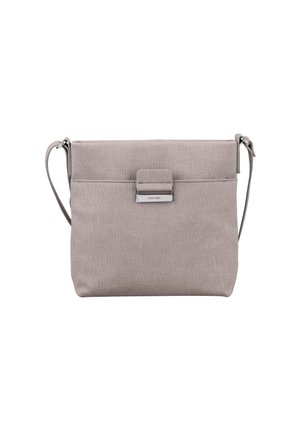 Hellgraue Stoff-Umhängetasche mit verstellbarem Riemen und silberner, rechteckiger Schnalle am vorderen Klappverschluss.