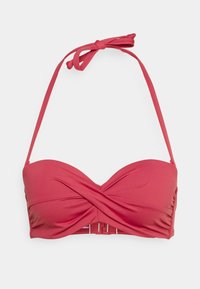 Top bikini di un rosso scuro. Realizzato in tessuto liscio con un design frontale attorcigliato. Presenta spalline sottili e un gancio sicuro sul retro.