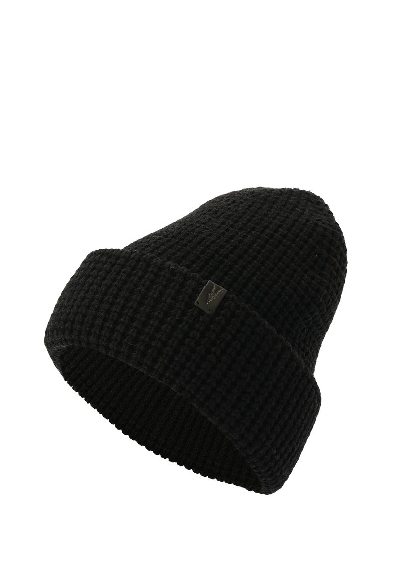 Berretto in maglia nera con superficie texture, caratterizzato da un risvolto e un piccolo etichetta logo sul lato. Materiale morbido e flessibile.