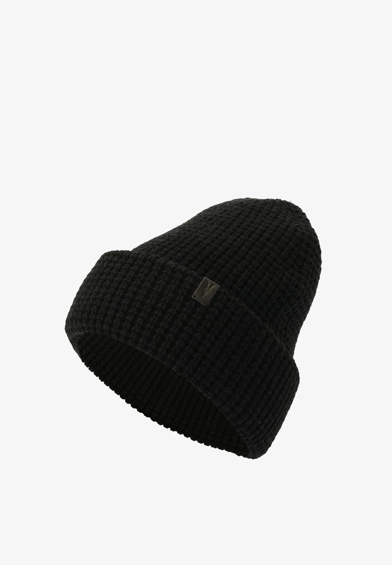 Berretto in maglia nera con superficie texture, caratterizzato da un risvolto e un piccolo etichetta logo sul lato. Materiale morbido e flessibile.