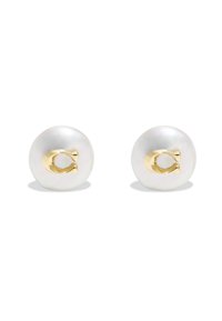 Pärlörhängen med en guldtonad lås, rund form, slät yta och vit färg med en subtil lyster och en elegant design.
