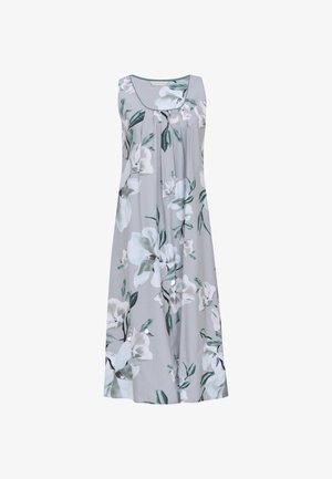 Ärmelloses graues Kleid mit großem weißem und grünem Blumenmuster, rundem Ausschnitt und weichen Falten vorne.