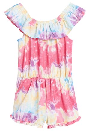 Multifarvet tie-dye heldragt med off-shoulder flæsekrave, elastisk talje, lommer og flæset kant. Blødt bomuldsstof.