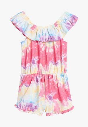Kolorowy kombinezon tie-dye z odkrytymi ramionami, falbaną przy dekolcie, elastyczną talią, kieszeniami i falbaniastym dołem. Miękka bawełniana tkanina.