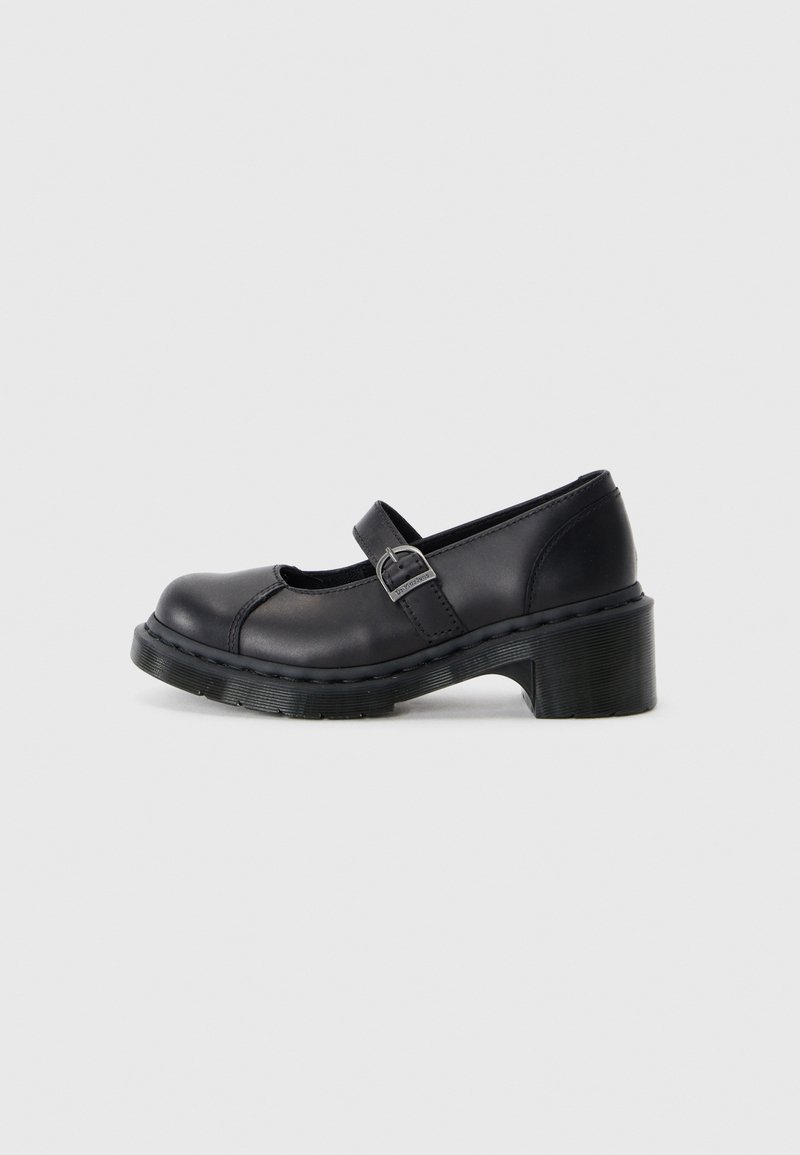 Zwarte leren Mary Jane-schoenen met een ronde neus, verstelbare band en een middelhoge blokhak. Bevat contrasterend stiksel en een gestructureerde zool.