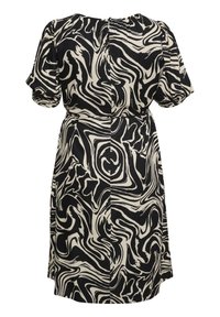 Schwarzes und beiges, abstraktes Kleid mit Wirbelmuster, kurzen Ärmeln, taillierter Taille und rundem Ausschnitt, mit Knopfverschluss an der Rückseite.