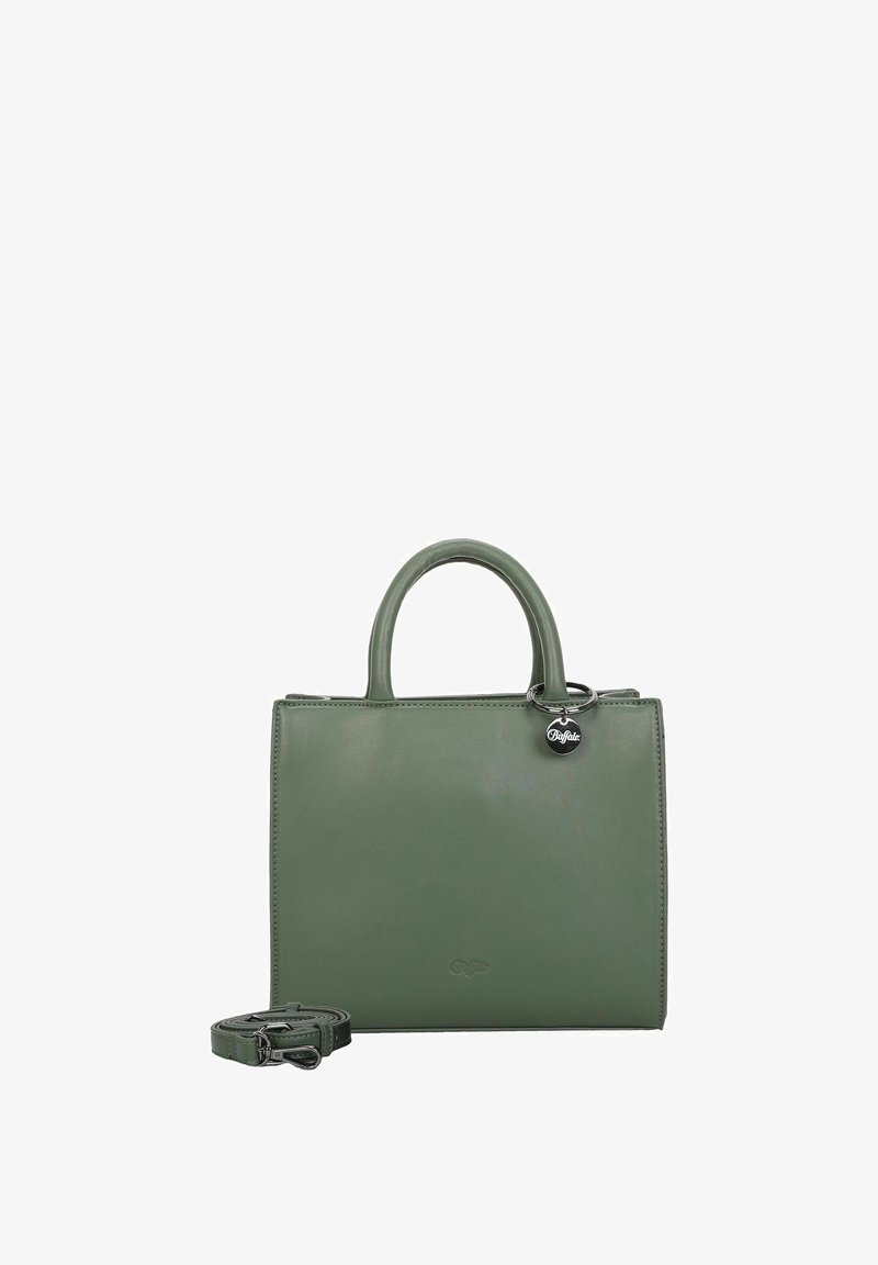 Green leather handbag with a structured design, dual top handles, and detachable strap. Features a metal logo charm and smooth texture.