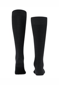 Black knee-high socks with a smooth texture, featuring a ribbed cuff for fit and durability. No visible patterns or accents.