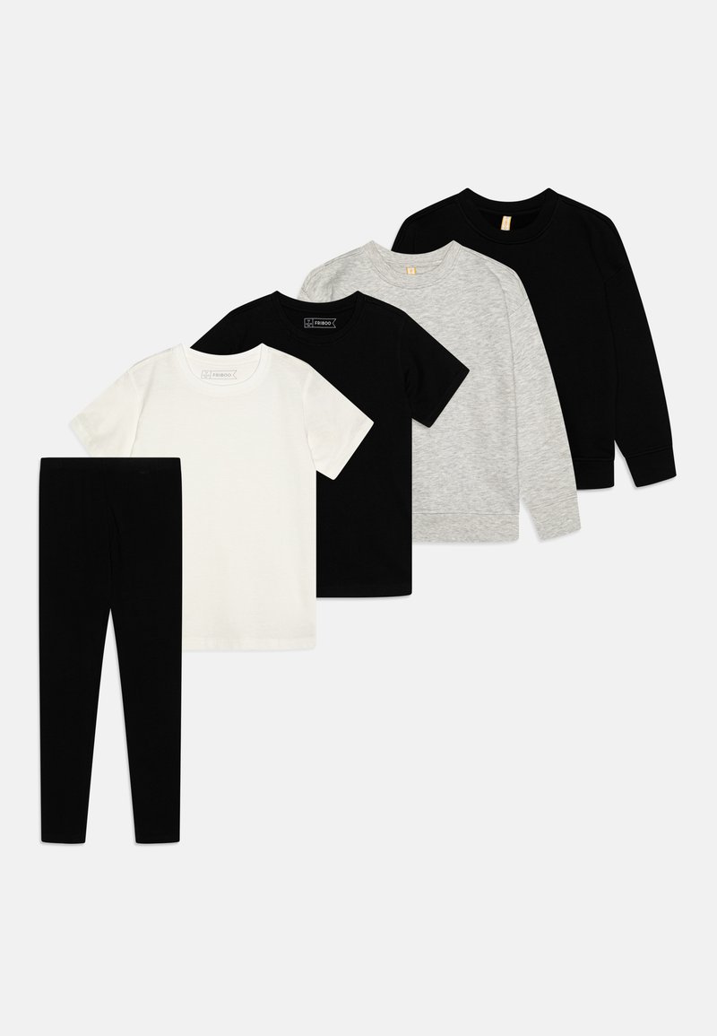 Set de cinci articole de îmbrăcăminte: două colanți negri, un tricou alb, un tricou negru, o bluză gri cu mâneci lungi și un pulover negru.