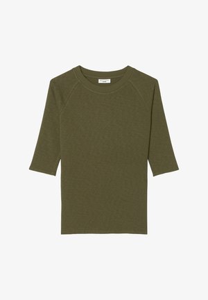 Oliwkowa, lekka, bawełniana bluzka z długim rękawem, z rękawami raglanowymi, zaokrąglonym dekoltem i gładką fakturą.