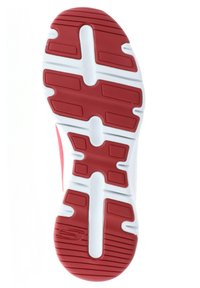 White sneaker outsole with red rubber accents; features deep grooves for traction and a textured surface for grip.