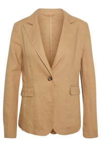 Blazer in lino beige con rever a punta, chiusura a un bottone, due tasche frontali e una leggera texture. Design pulito con una silhouette sartoriale.