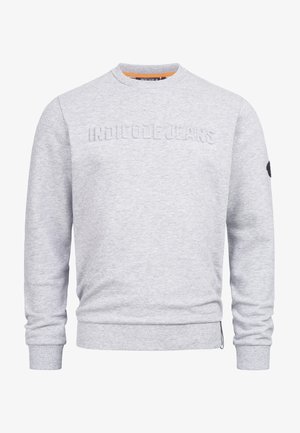 Grey sweatshirt made of cotton blend, featuring embossed logo on chest, ribbed cuffs, and hem. Includes side tag detail.